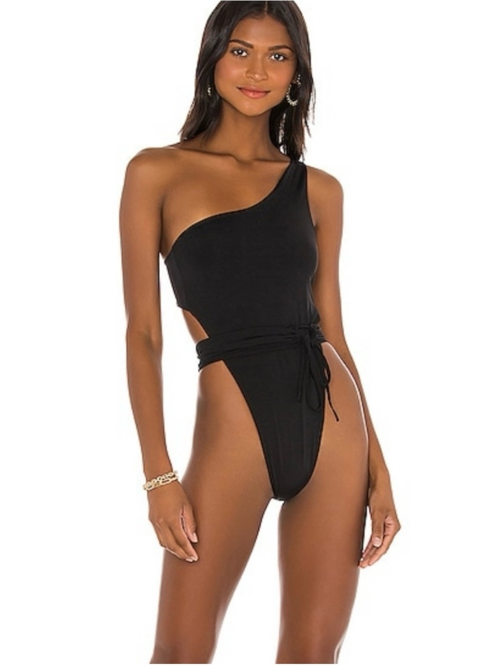 Riot Swim Black One-Shoulder High-Cut Tie Waist Swimsuit
